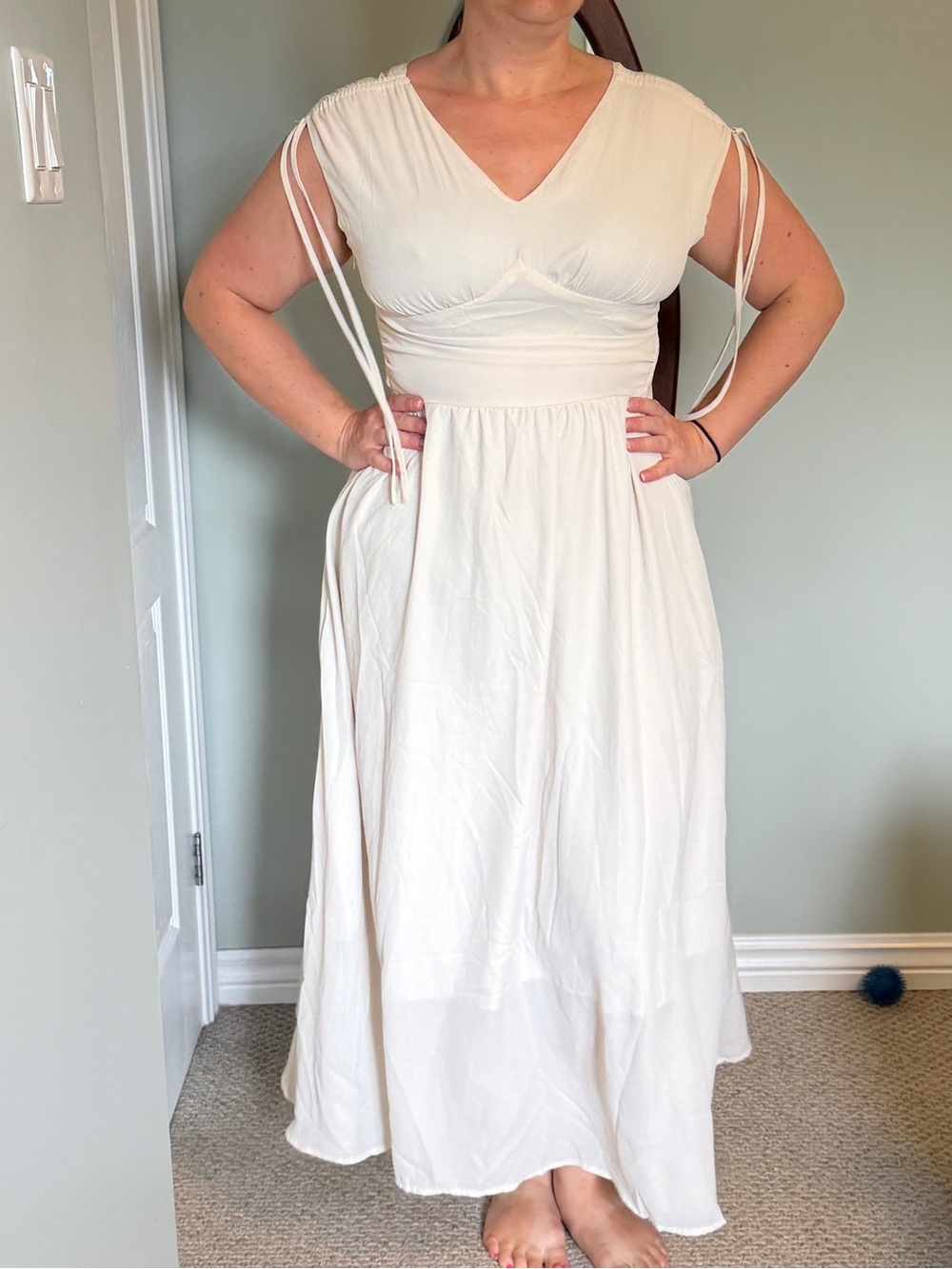 Off White V-Neck Maxi Dress with Tie-Shoulder Detail